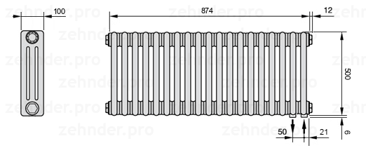 Схема (чертеж) Радиатор Zehnder Charleston 3050/19 №5510 Белый глянцевый RAL 9016